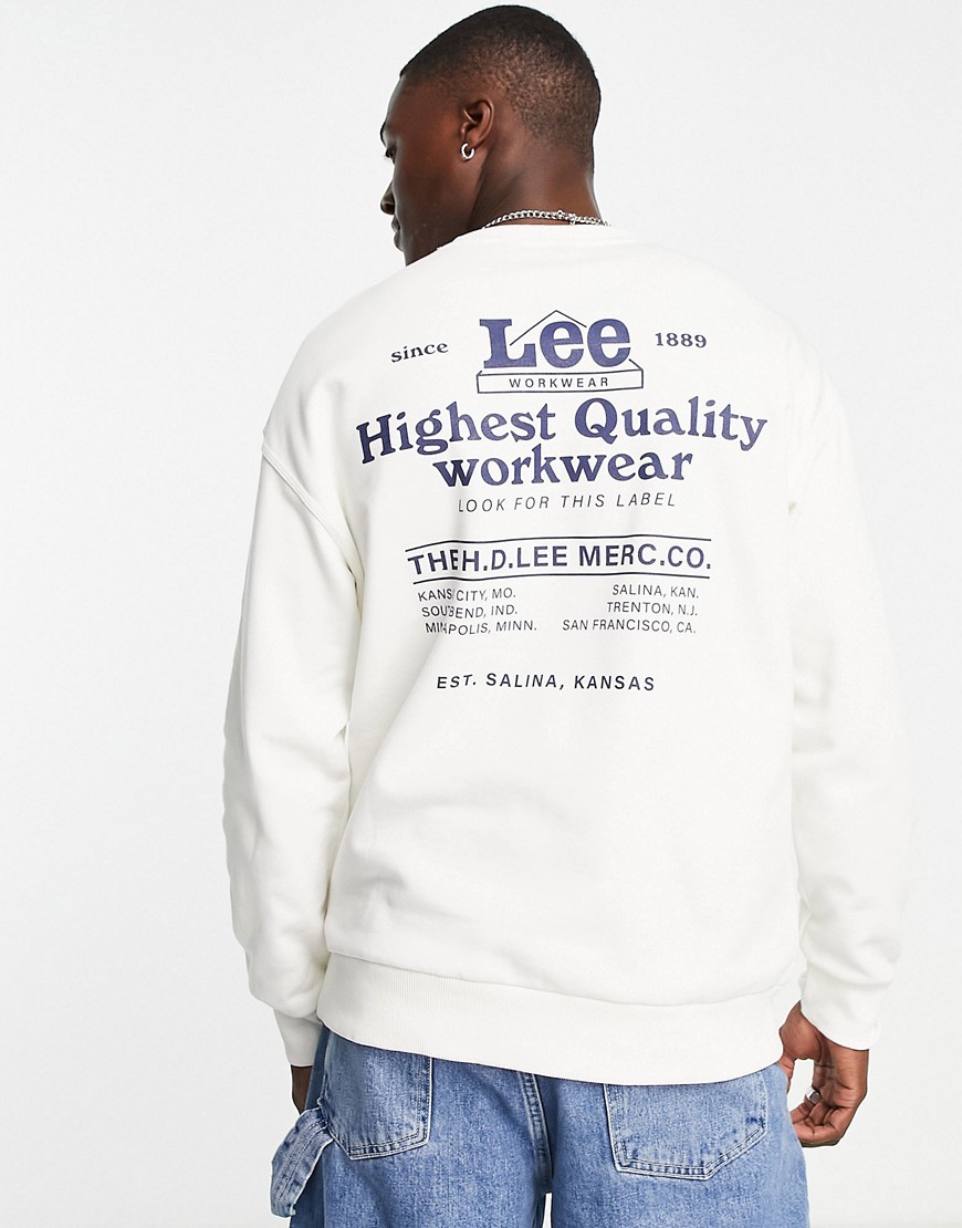 Lee workwear front & back logo print loose fit sweatshirt in ecru-White