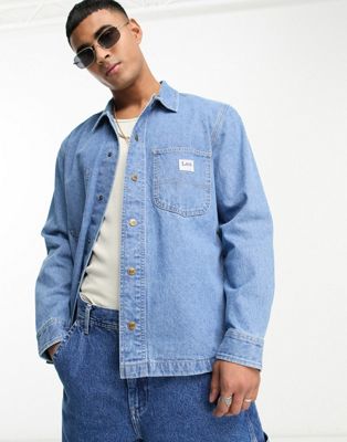 Lee workwear loose fit denim overshirt in mid wash CO-ORD-Blue