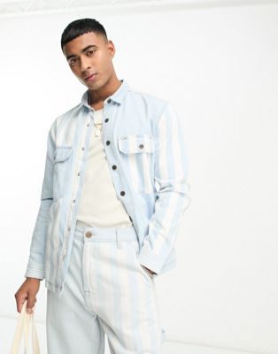 Lee workwear mixed stripe denim relaxed fit overshirt in light wash CO-ORD