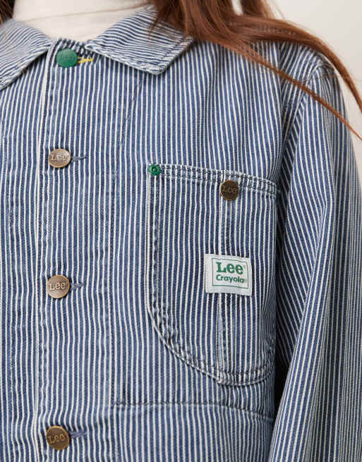 Lee x Crayola cropped chore jacket co-ord in blue railroad stripe