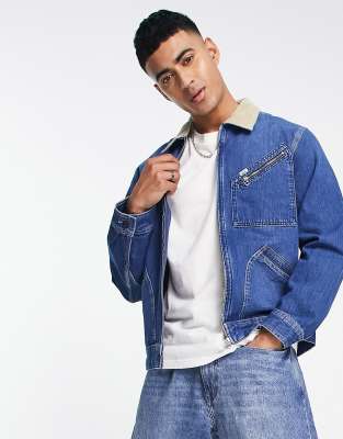 Lee zip front cord collar denim jacket in mid wash-Blue