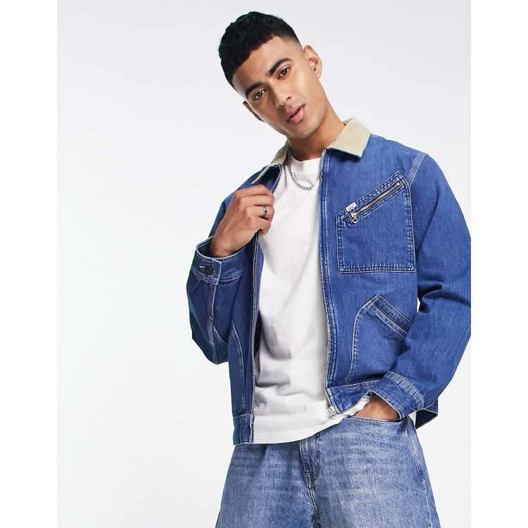 Lee zip front cord collar denim jacket in mid wash | ASOS