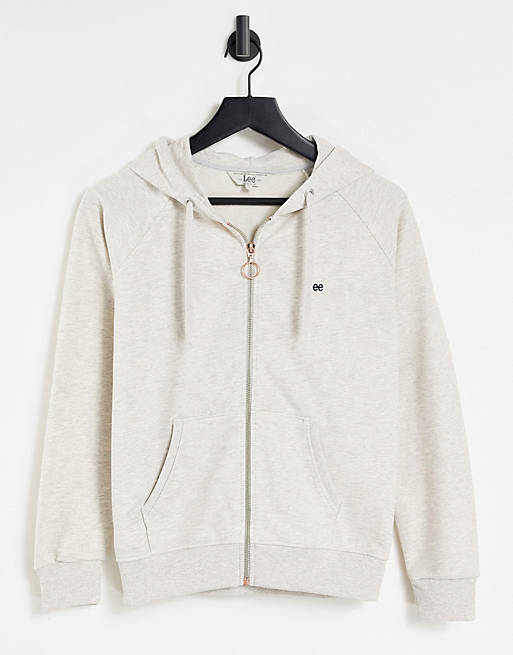 Lee zip up ring detail logo hoodie in light grey