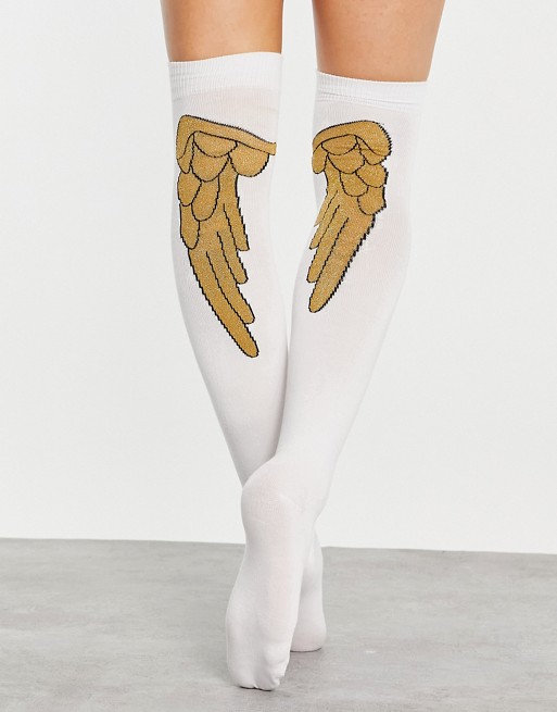 Leg Avenue glitter angel wing over the knee socks in white and gold