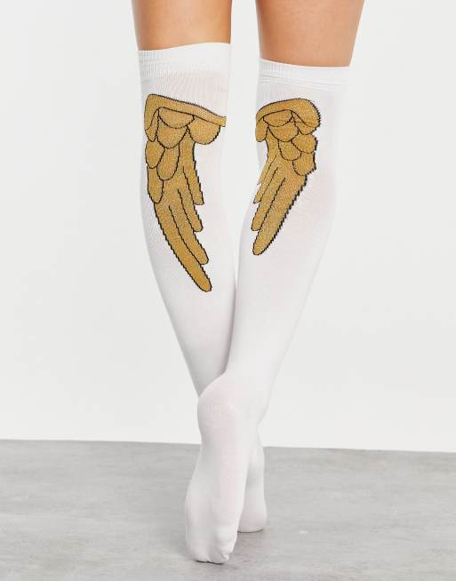 Leg Avenue glitter angel wing over the knee socks in white and gold