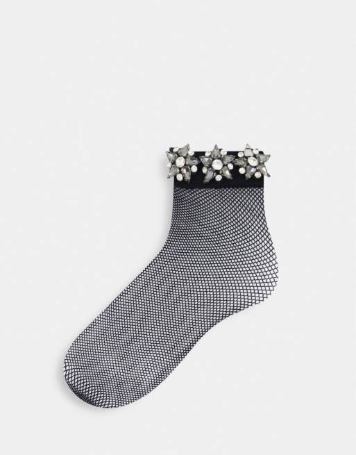 Leg Avenue – Knöchelhohe Socken in Schwarz mit Strassbesatz