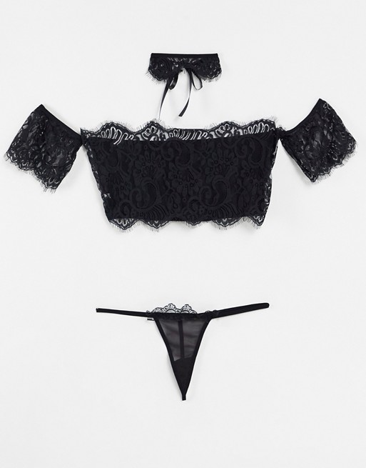 Leg Avenue lace bardot lingerie set with matching choker in black