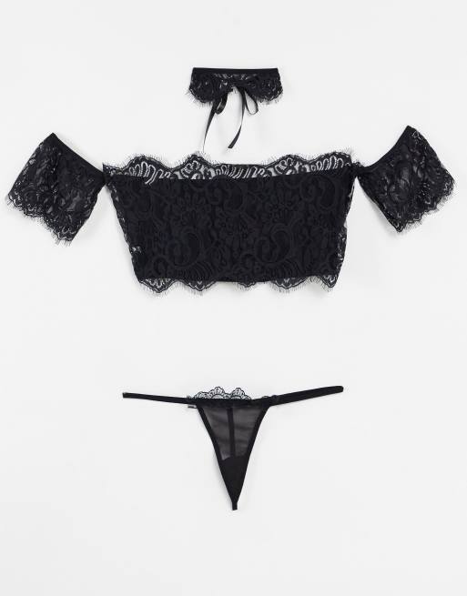 Leg Avenue Lace Bardot Lingerie Set With Matching Choker In Black Asos