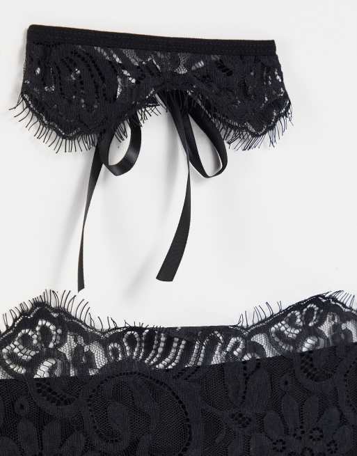 Black Choker Detail Lace 3 Piece Lingerie Set