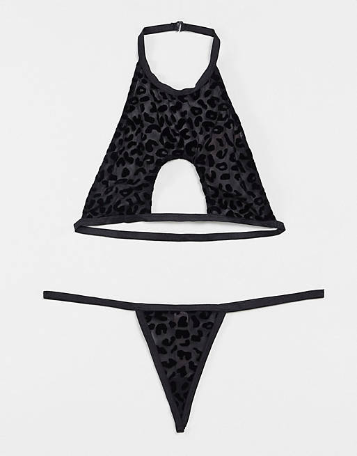 Leg Avenue leopard lingerie set with underboob detail in black