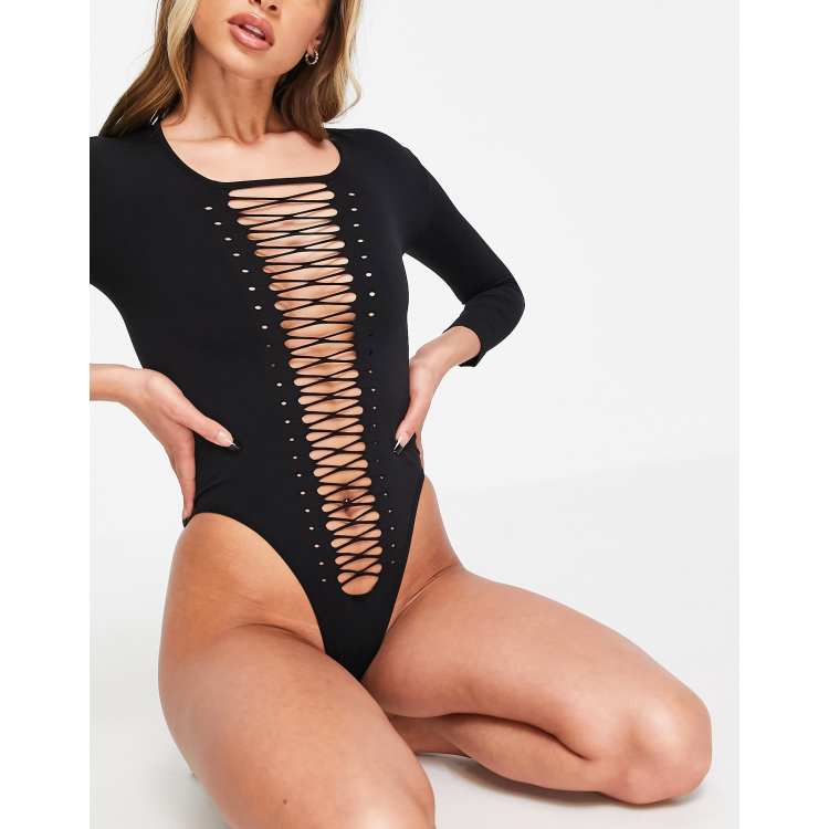 Leg Avenue Seamless Shredded Racer Back Thong Bodysuit - O/S - Black