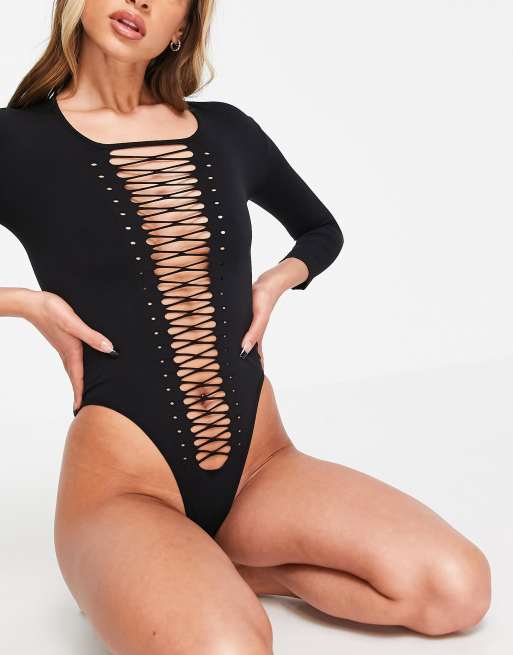 Leg Avenue long sleeve bodysuit with lace front in black