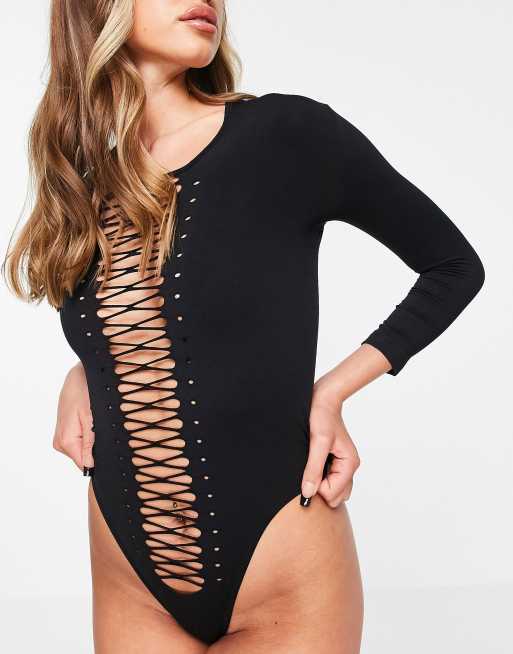 Leg Avenue Seamless Shredded Racer Back Thong Bodysuit - O/S - Black