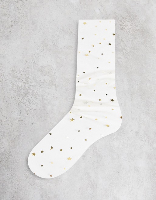 Leg Avenue tulle anklets socks with glitter stars in oatmeal