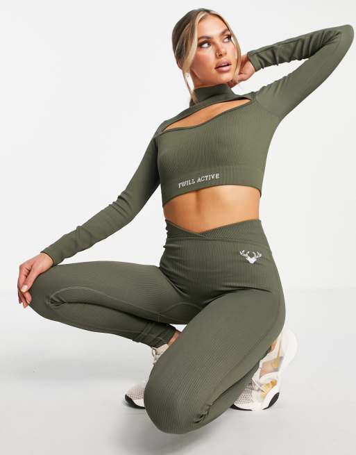 Leggings caquis con cintura de pico de canalé sin costuras de Twill Active - DGREEN, 4 de 4