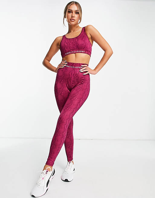 Mujer Leggings | Leggings color frambuesa de talle alto con estampado de pitón de poliéster reciclado de Pink Soda Sport - YE43059