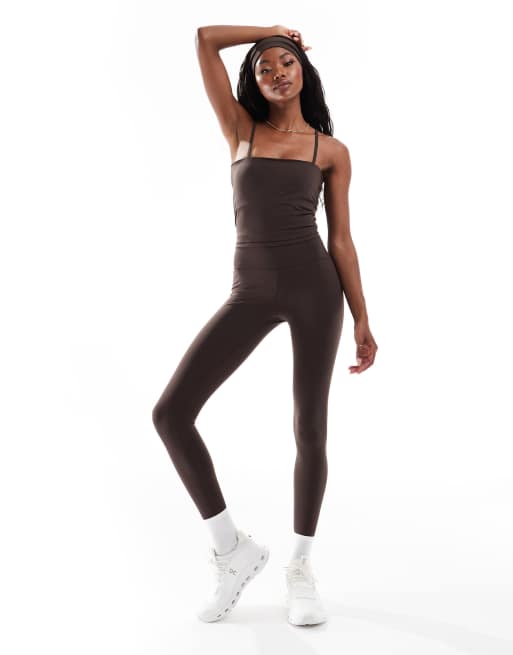 Leggings deportivos marrón chocolate puro de talle alto con detalle de pespuntes de tejido suave de 4505 