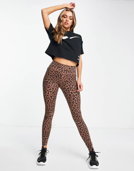 Leggings marrones con estampado de leopardo y purpurina One de Nike Training