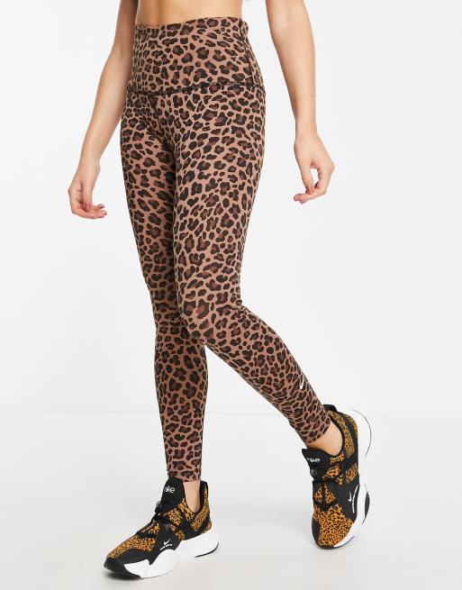 Leggings marrones de talle alto con estampado de leopardo One Dri FIT de Nike Training