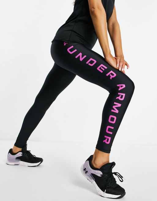 Leggings negros y rosas con estampado de la marca en la pernera Heatgear de Under Armour Training, 4 de 4