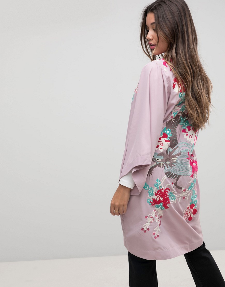 фото Легкое пальто-кимоно с вышивкой asos premium-фиолетовый asos design