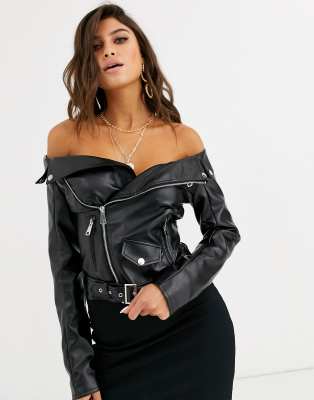 off shoulder faux leather jacket top 