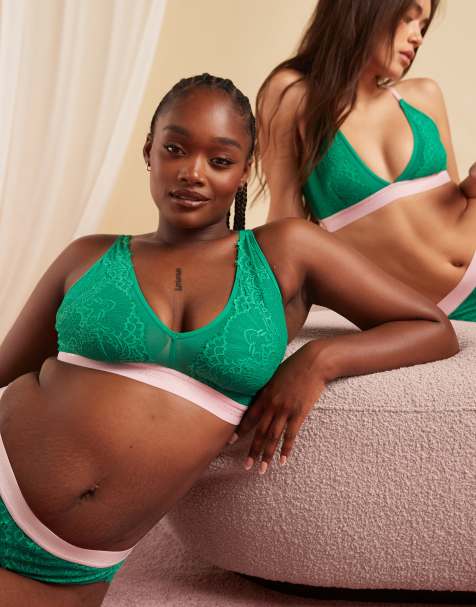 Lemonade Dolls Fuller Bust Synergy lace bralet in green with pink trim - view 1