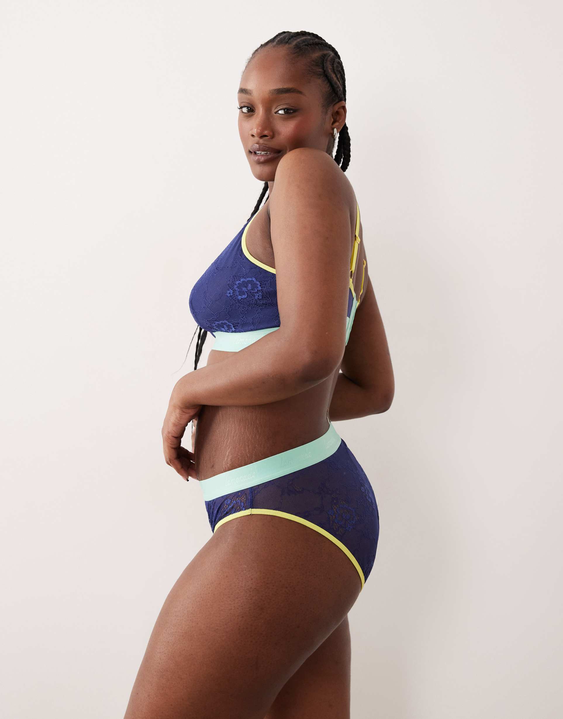 lemonade dolls trilogy lace mid rise briefs in navy and green