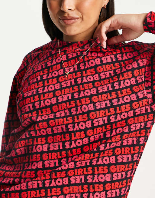 Les Girls Les Boys all over logo sweatshirt in raspberry, 3 of 4