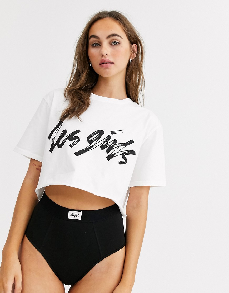 Les Girls Les Boys – hvid cropped T-shirt med 'girls'-tusch-logo