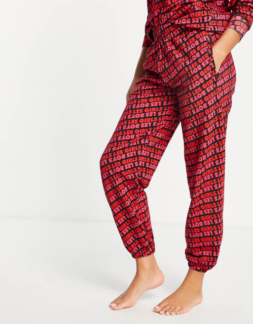 Les Girls Les Boys - Joggingbroek met losse pasvorm en allover logo in framboos