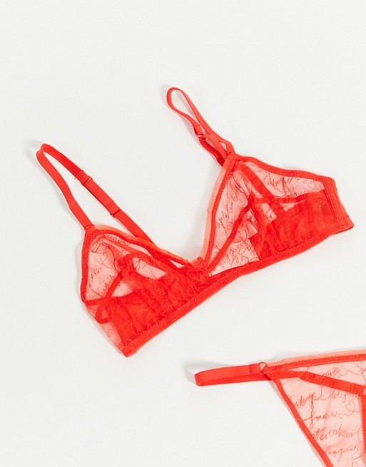 Les Girls Les Boys Love Note sheer embroidered soft bralette in red