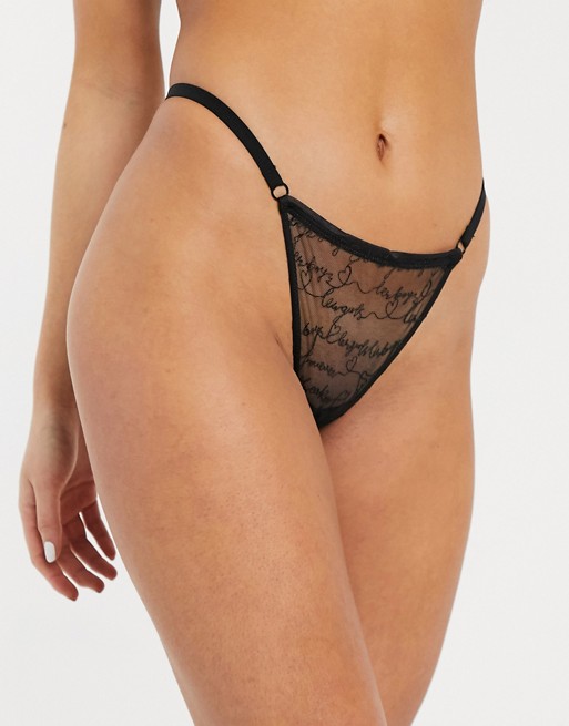Les Girls Les Boys Love Note sheer embroidered thong in black