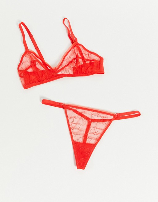Les Girls Les Boys Love Note sheer embroidered thong in red