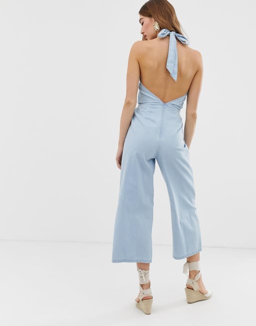 Letvasket blå halterneck heldragt i denim med vide ben fra ASOS DESIGN, 2 af 4