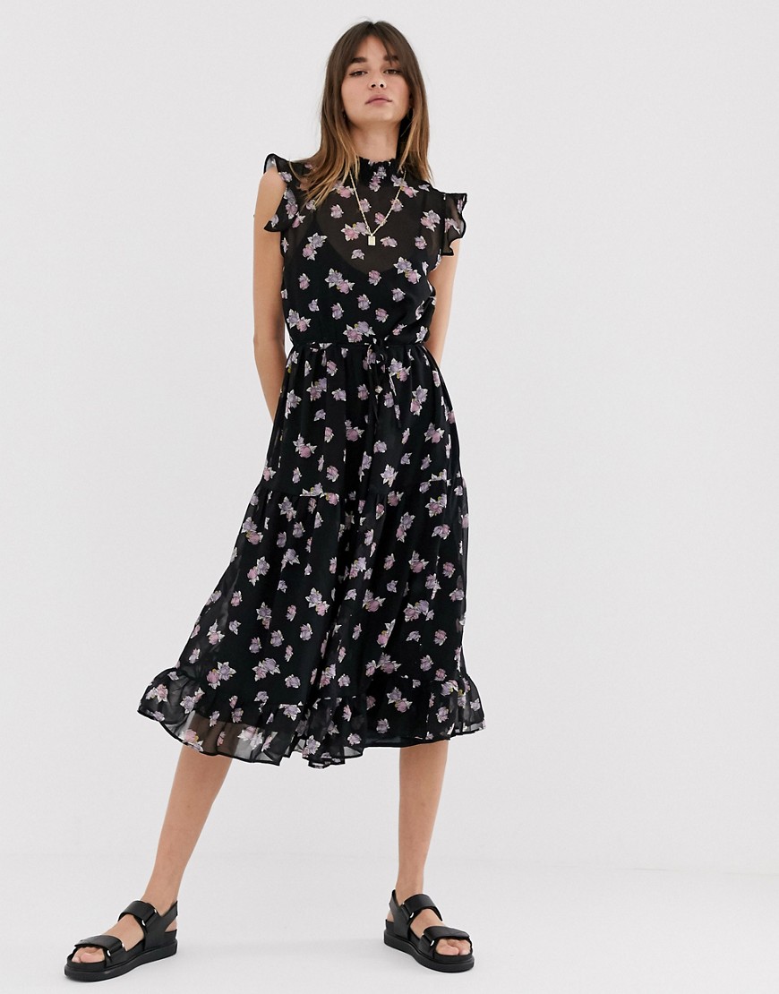 Levete - Room - Mouwloze lange jurk met bloemenprint-Zwart