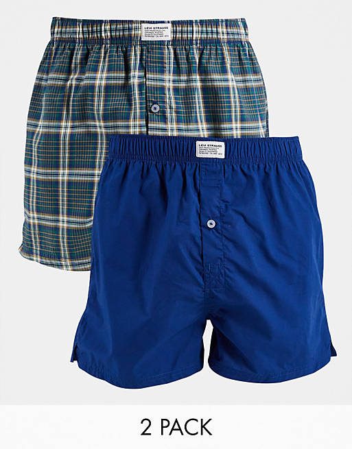 Levi's 2 pack checked woven boxers in navy and green