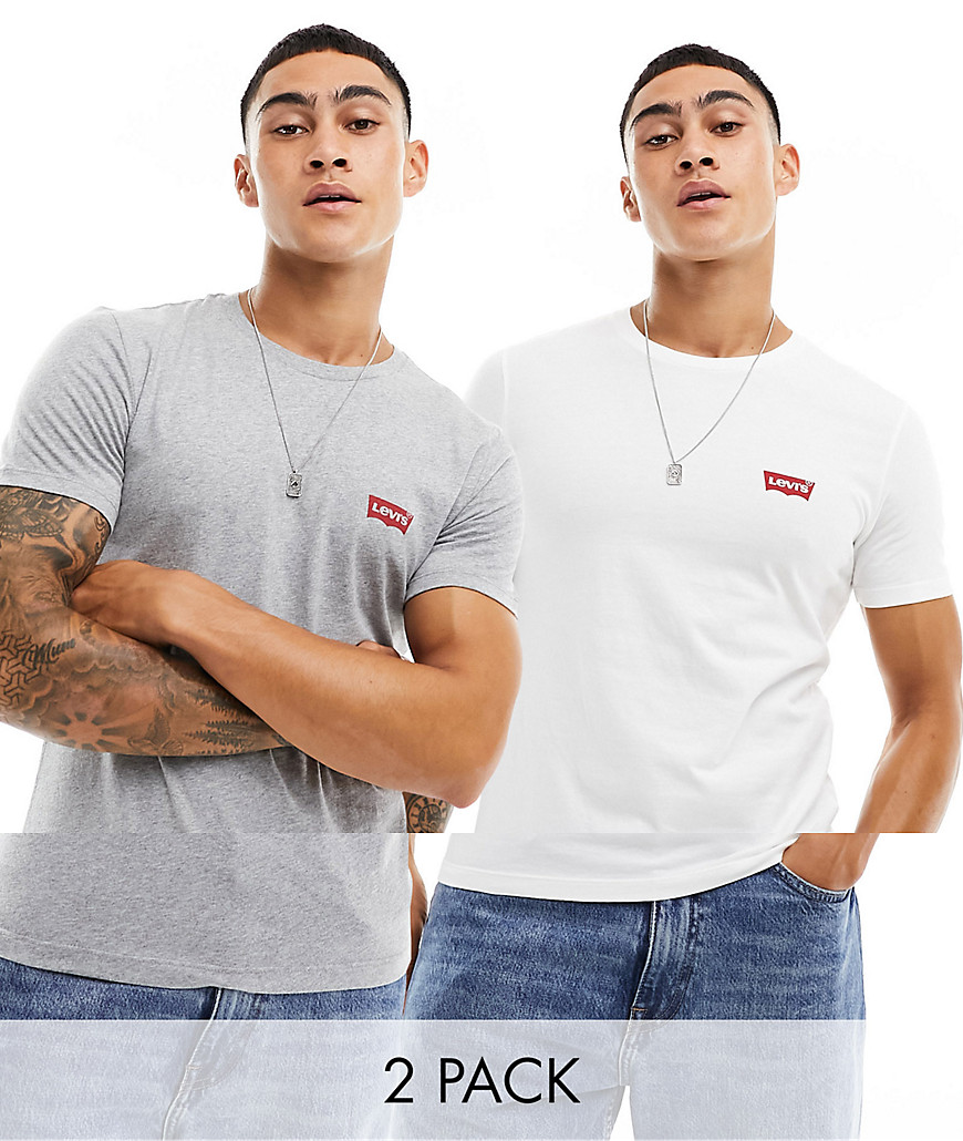 Levi’s 2 pack crewneck batwing logo t-shirt in white & grey marl-Multi