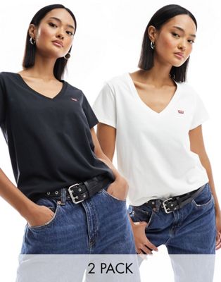Levi's 2 pack v neck t-shirts with small logo in white black