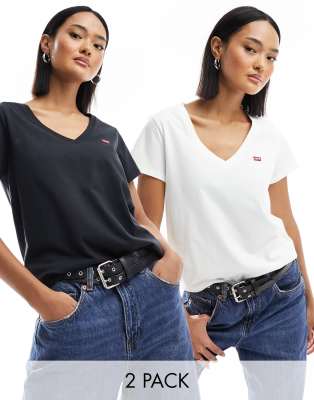 Levi's - 2er-Pack T-Shirts in Weiß und Schwarz mit V-Ausschnitt und kleinem Logo