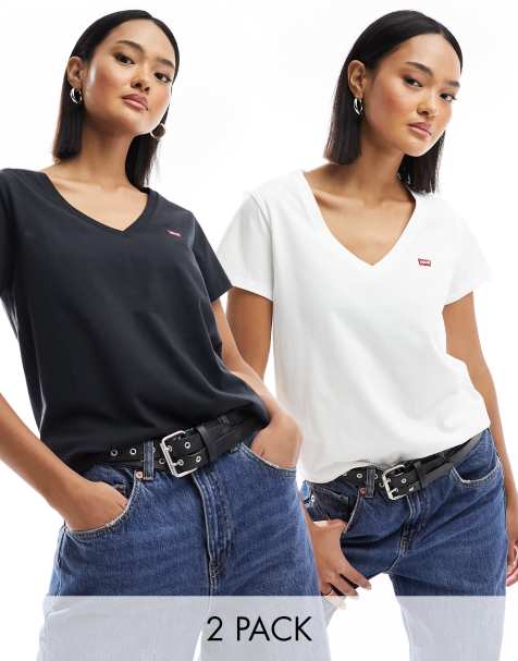 Levi's – 2er-Pack T-Shirts in Weiß und Schwarz mit V-Ausschnitt und kleinem Logo - view 1