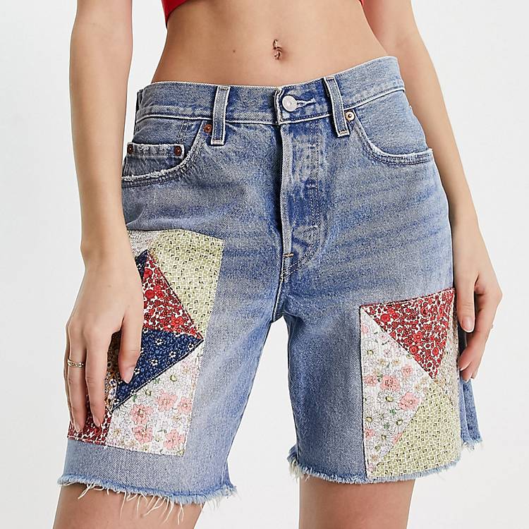 Levi's 501 150 year anniversary denim shorts in light blue with applique  floral patches | ASOS