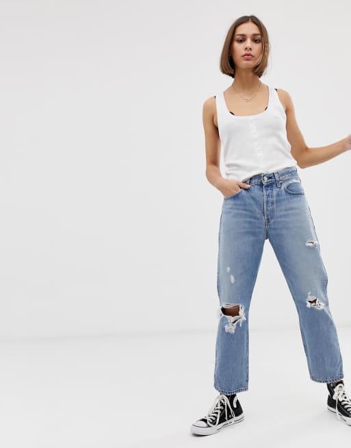 Levi's 501 crop jean cheap with rips