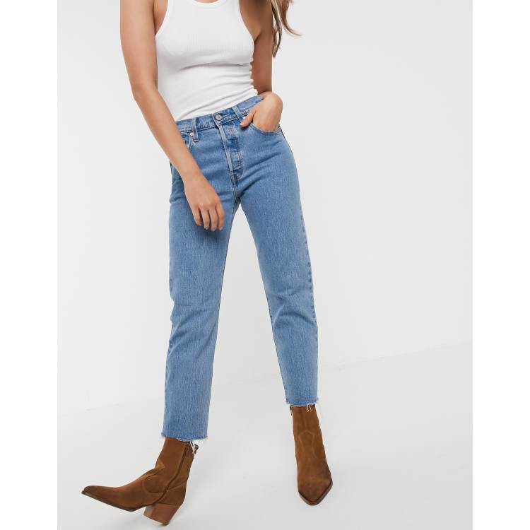 Levi s 501 crop jeans with frayed hem in midwash blue