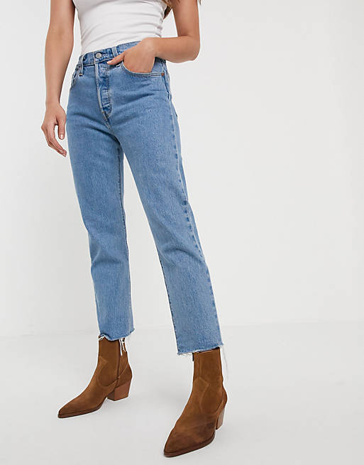 Levi's 501 crop jeans with frayed hem in midwash blue | ASOS