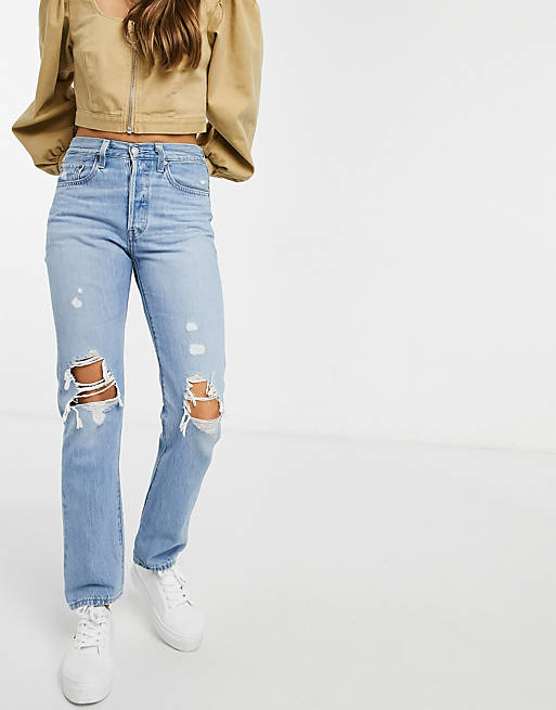 Levi's 501 crop jeans with knee rips in mid wash blue | ASOS
