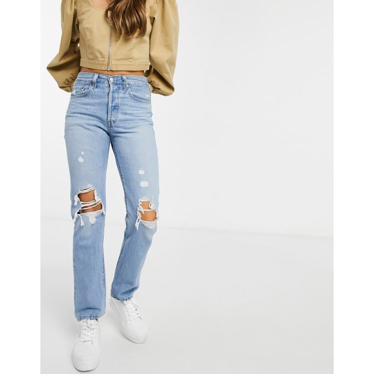 Levi s 501 crop jeans with knee rips in mid wash blue