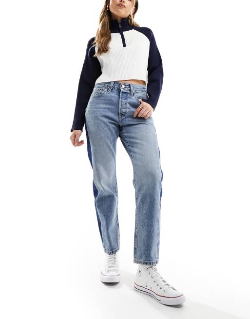 Levi s 501 crop straight fit jeans in blue with side stripe