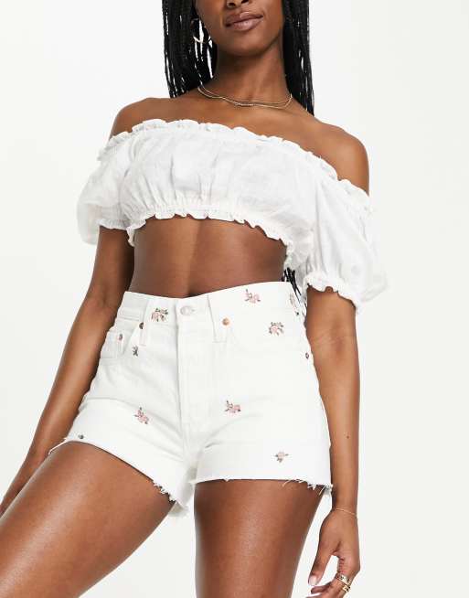 Levi's 501 floral raw hem shorts in white