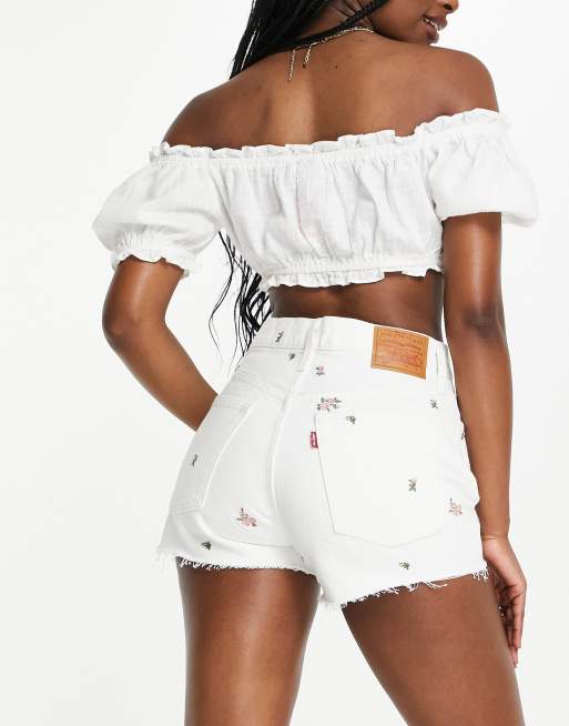 Levi's 501 floral raw hem shorts in white